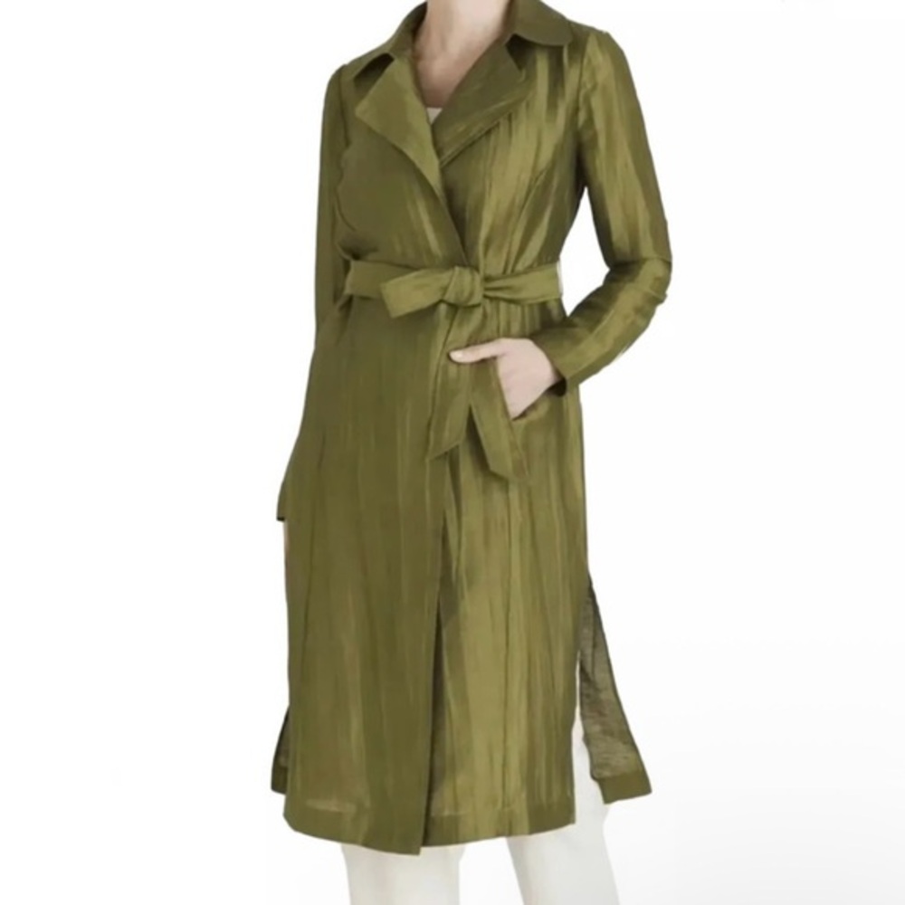 Chico’s Olive Green Crinkled Linen Blend Trench Coat NWT Sz 4 (18-20) Ret $149